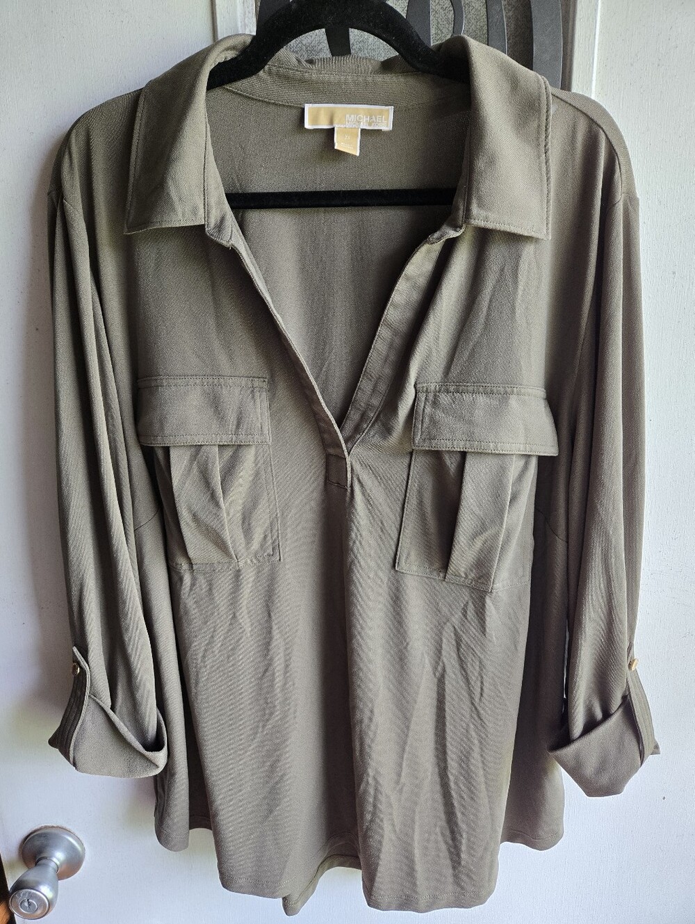 Michael Kors Olive Utility Button-Tab Sleeve Shirt